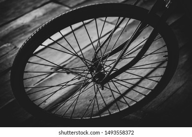 Top View Old Bicycle Wheel Texture Vintage Style,whole Front Black And White Memento Memory Of Old Time Bike Photo