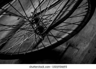 Top View Old Bicycle Wheel Texture Vintage Style,whole Front Black And White Memento Memory Of Old Time Bike Photo