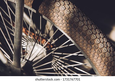 Top View Old Bicycle Wheel Texture Vintage Style, Black And White Memento Memory Of Old Time Bike Photo