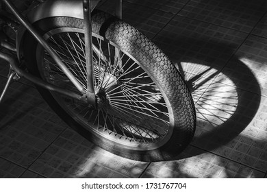 Top View Old Bicycle Wheel Texture Vintage Style, Black And White Memento Memory Of Old Time Bike Photo