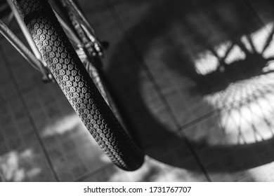 Top View Old Bicycle Wheel Texture Vintage Style, Black And White Memento Memory Of Old Time Bike Photo