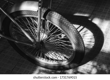 Top View Old Bicycle Wheel Texture Vintage Style,whole Front Black And White Memento Memory Of Old Time Bike Photo