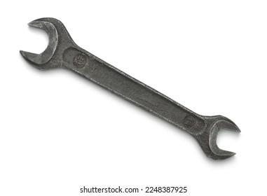 Top view of old black double open end wrench isolated on white