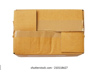 Top View Of Old Closed Brown Paper Box Isolated On White Background