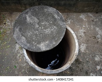 The Top View Of Old Digging Concrete Water Well (pool) And Its Lid Which Cover By The Dry Moss.