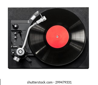 Top view of old fashioned turntable playing a track from black vinyl. Copy space for text - Shutterstock ID 299479331