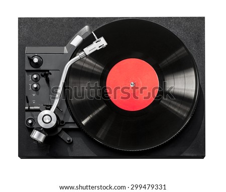 Top view of old fashioned turntable playing a track from black vinyl. Copy space for text