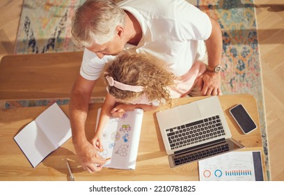 Top View, Old Man And Girl Learning Drawing While Her Grandfather Is Busy With Paperwork In Family Home Office. Senior Grandfather Helping And Teaching A Creative Child To Color In A School Project