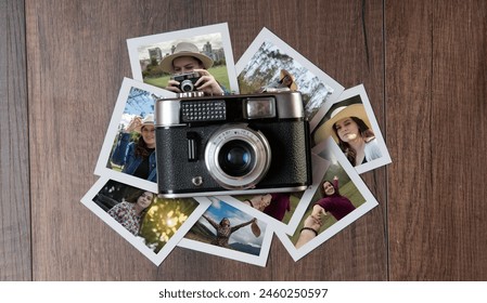 Top view of Old photo camera surrounded by photographs of women in different places on a dark wooden table - Powered by Shutterstock
