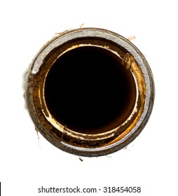 Top View Of An Old Rusty Water Heater Pipe Isolated On A White Background.