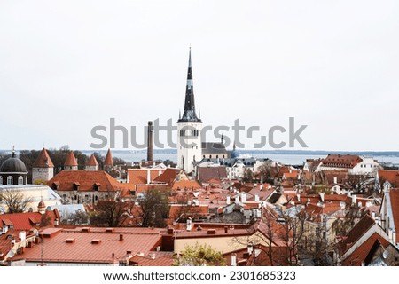 Top view of old Tallinn from the observation deck. Famous view of the old town and St. Olaf's church.Tour in Estonia.