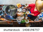 Top view old woman cooking Thai noodle soup Tom Yam style on Thai tradition boat in local floating market, Famous traditional Thai street food for tourist people travel Bangkok Thailand, Tasty Asia