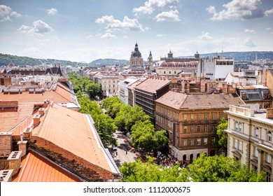 Top view on Andrassy avenue with old residential buildings and saint Stephen church in Budapest city, Hungary