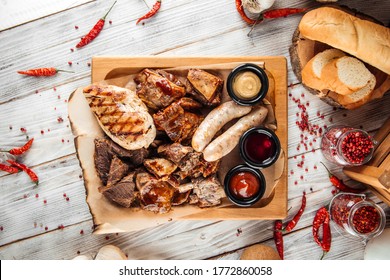 Top View On Big Meat Plate With Chicken Breast Turkey Sausage Beef Ribs, Horizontal