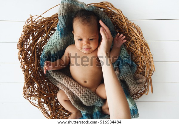 Top View On Biracial Baby Wicker Stock Photo Edit Now 516534484