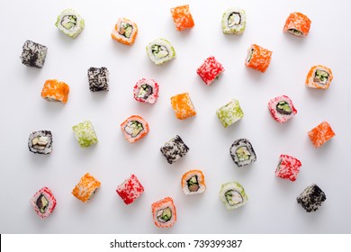 Top View On Classic Sushi Rolls Pattern. Asian Food Restaurant Delivery, Platter Set On White Background