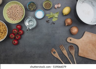 Top View On Cooking Legumes Background With Indian Cuisine Recipe Ingredients.