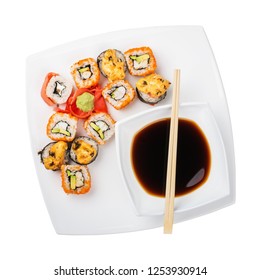 Top View On A Dish Of Various Sushi In Plate Isolated On White Background