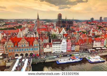Top view on Gdansk old town and Motlawa river, Poland at sunset. Also known as Danzig and the city of amber.