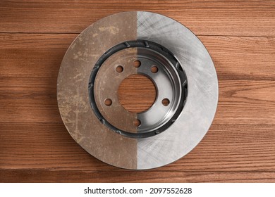 Top view on a half-cleaned brake rotor. Result of removing rust from a rotor surface. Car treatment and repair concept.