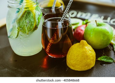 Top View On Homemade Kombucha With Fruits