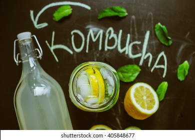 Top View On Homemade Kombucha With Fruits