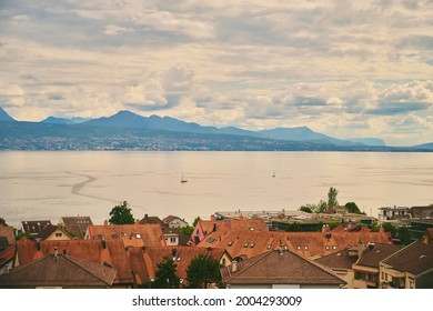 Top view on lake Geneva or Lac Leman over the roofs, Lausanne, Switzerland