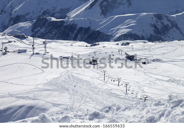 Top view on ski slope. Ski resort Gudauri.\
Caucasus Mountains,\
Georgia.