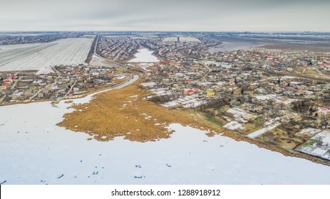 Top view on the small villages on South of Ukraine. Odessa, Sukhyi Lyman, Ukraine, January 2019.