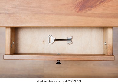 top view of one safe key in open drawer of nightstand - Shutterstock ID 471233771