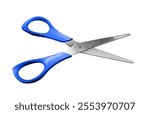 Top view of open blue scissors isolated on white background