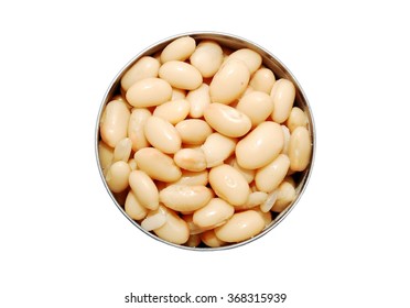 Top View Of An Open Can Of Cannellini Beans On A White Background