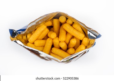 Top View Of Open Corn Puff Snacks Open Bag Packaging Isolated On White Background