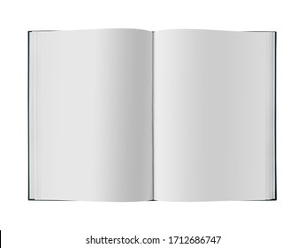 Top view of open empty book, notebook or sketch pad for writing and drawing isolated on white background
