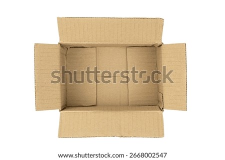 Top view of an open empty brown cardboard box. Packaging, delivery, and moving concept, isolated on white background with clipping path.