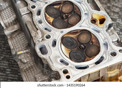 Top View Of Open Engine Block And Engine Oil Sludge Formation, Old Car Engine Camshaft Cap And Valves In Garage                        