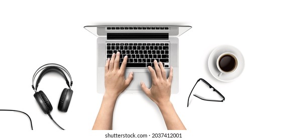 Top view of open laptop with hands typing on keyboard isolated on white background. of free space for your copy, view from top. Clipping path. - Shutterstock ID 2037412001