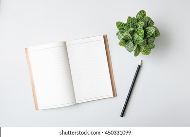 Top view open notebook, pencil and plant potted on white desk background