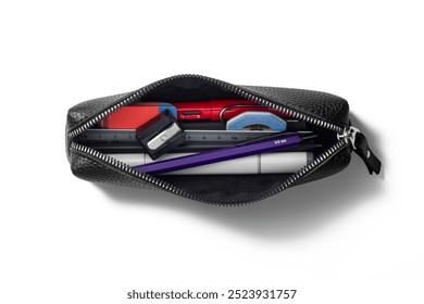 Top view opened black leather pencil case containing various pens, markers, pencils, ruler and erasers isolated on a white background. High resolution. - Powered by Shutterstock