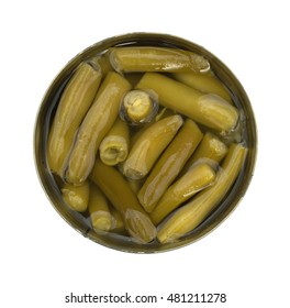 Top View Of An Opened Can Of Organic Cut Green Beans Isolated On A White Background.