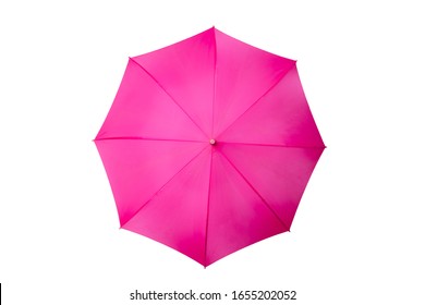 Top View Of Opened Pink Umbrella Isolated On White Background. Classic Form Of Umbrella From Above