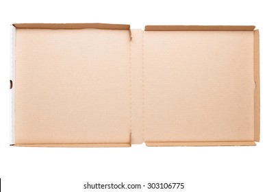 Top view of opened pizza box isolated on white background