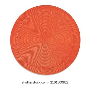 Top view of orange round woven placemat, isolated
