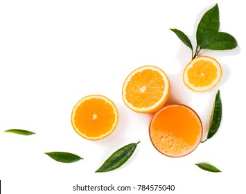 
Top View Of Orange Slices And Juice Isolated On White Background.