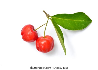 Top View Of Organic Acerola Cherry With Green Leaves Isolated On White Background.