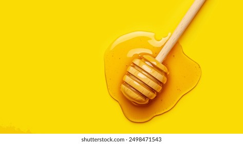 Top view Organic Honey with wooden dipper isolated on yellow honey color background, healthy food, food blog, minimal background, space for text - Powered by Shutterstock