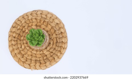 Top View Ornamental Plants On A Rattan Woven Circle Base