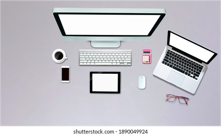 Top view over the tablet computer notebook with office style wooden floor.