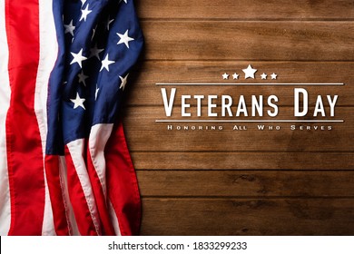 Top View Overhead America United States Flag, Memorial Remembrance And Thank You Of Hero, Studio Shot With Copy Space On Wooden Table Background, USA Holiday Veterans Or Independence Day Concept