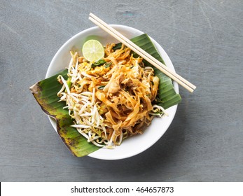 Top View Pad Thai Of Thai Food Noodles Style And Street Food On Wooden Table